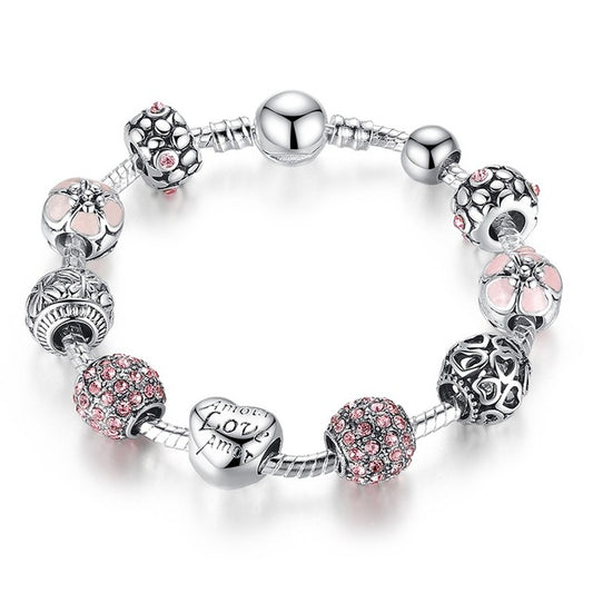 Silver Charm Bracelet & Bangle with Love and Flower Beads Women Wedding Jewelry